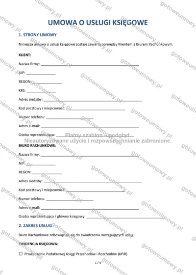 Umowa o usługi księgowe (biuro rachunkowe) — wzór do pobrania, podgląd strony 1 z 4