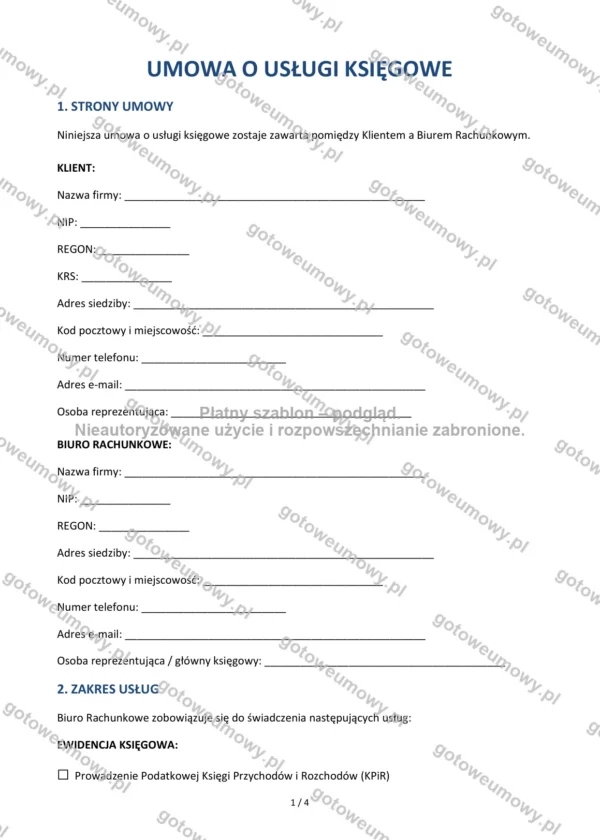 Umowa o usługi księgowe (biuro rachunkowe) — Wzór Word & PDF