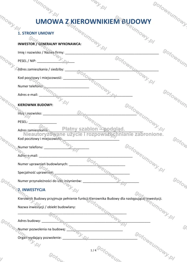Umowa z kierownikiem budowy — Wzór Word & PDF