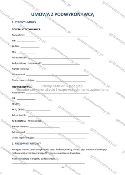 Umowa z podwykonawcą — wzór do pobrania, podgląd strony 1 z 4
