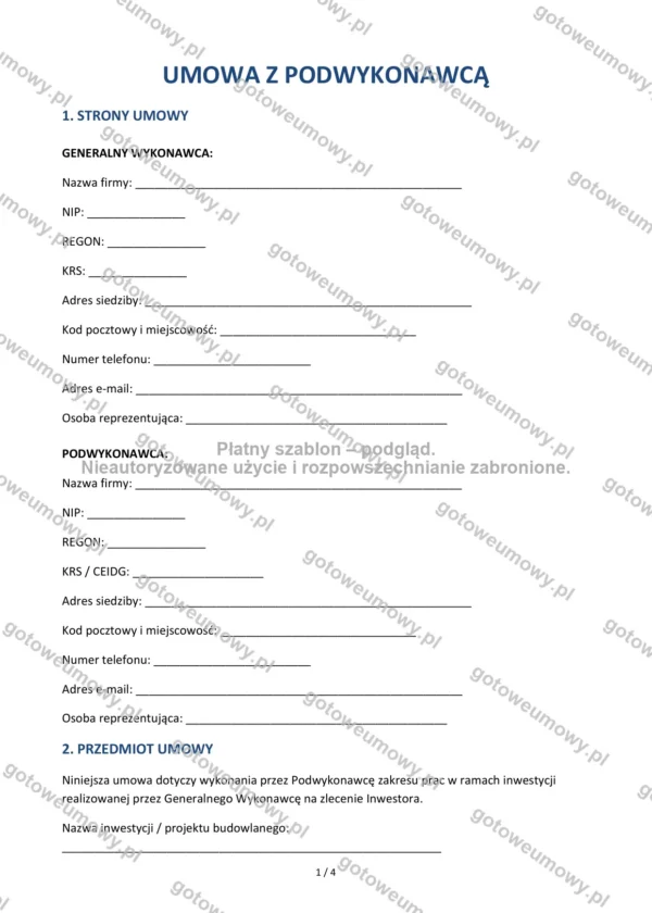 Umowa z podwykonawcą — Wzór Word & PDF