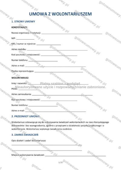 Umowa z wolontariuszem (porozumienie o wolontariacie) — wzór do pobrania, podgląd strony 1 z 3