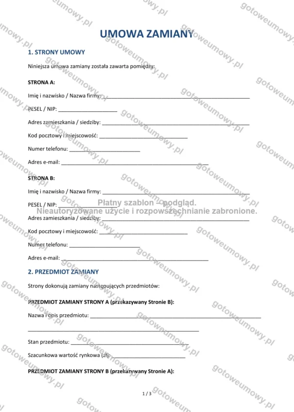 Umowa zamiany — Wzór Word & PDF