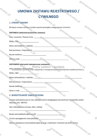 Umowa zastawu rejestrowego / cywilnego — wzór do pobrania, podgląd strony 1 z 3