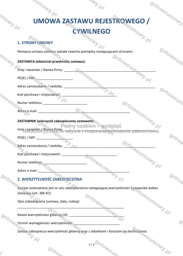 Umowa zastawu rejestrowego / cywilnego — Wzór Word & PDF