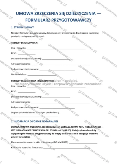 Umowa zrzeczenia się dziedziczenia (formularz przygotowawczy) — wzór do pobrania, podgląd strony 1 z 3