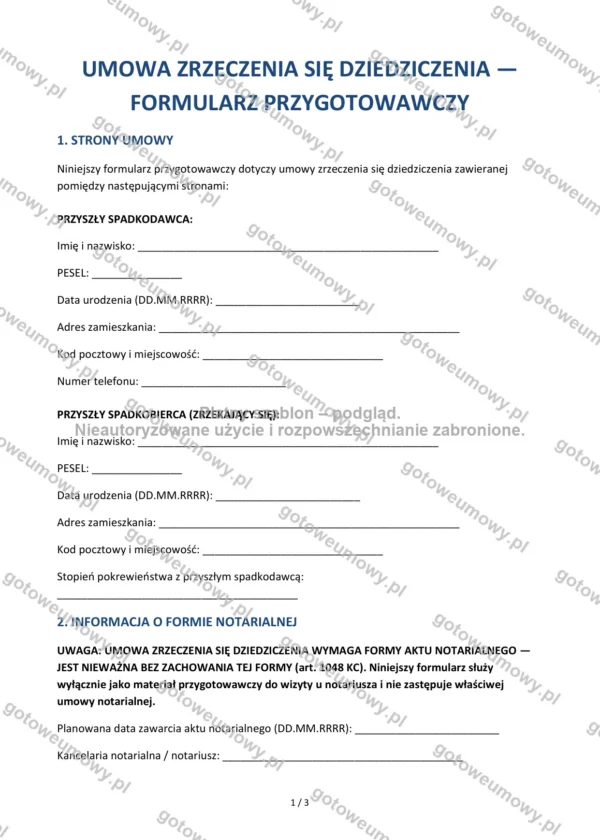 Umowa zrzeczenia się dziedziczenia (formularz przygotowawczy) — Wzór Word & PDF