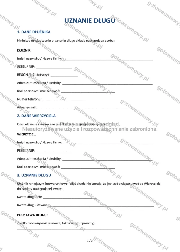 Uznanie długu — Wzór Word & PDF
