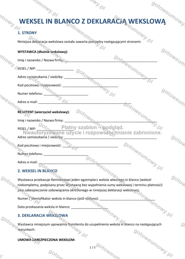 Weksel in blanco z deklaracją wekslową — Wzór Word & PDF